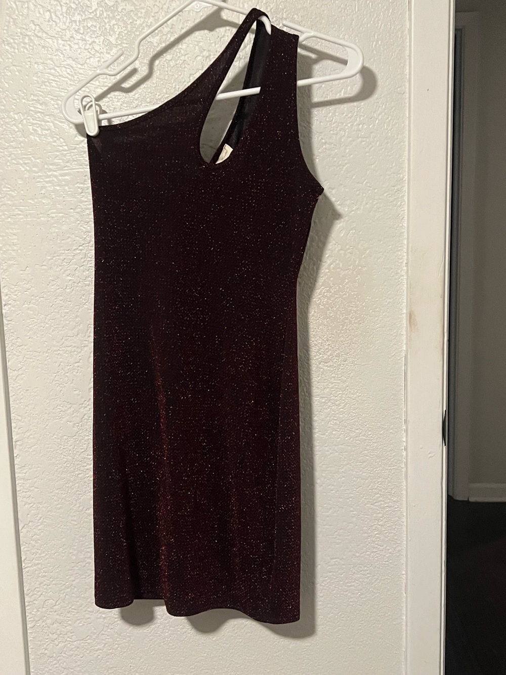 See You Monday One-Shoulder Sparkle Dress in -Red and black sparkly